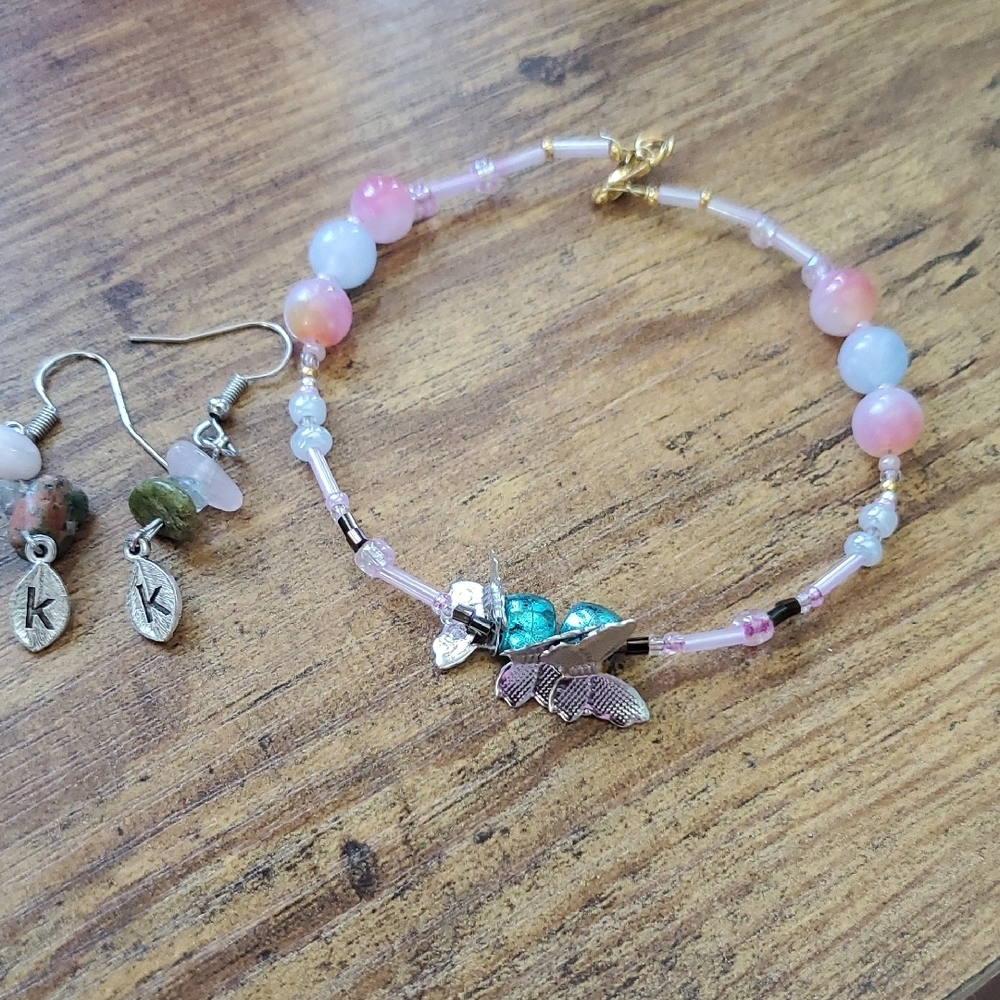 Charming Butterfly Bracelet with Pink and Blue Beads With Matching Earrings.
